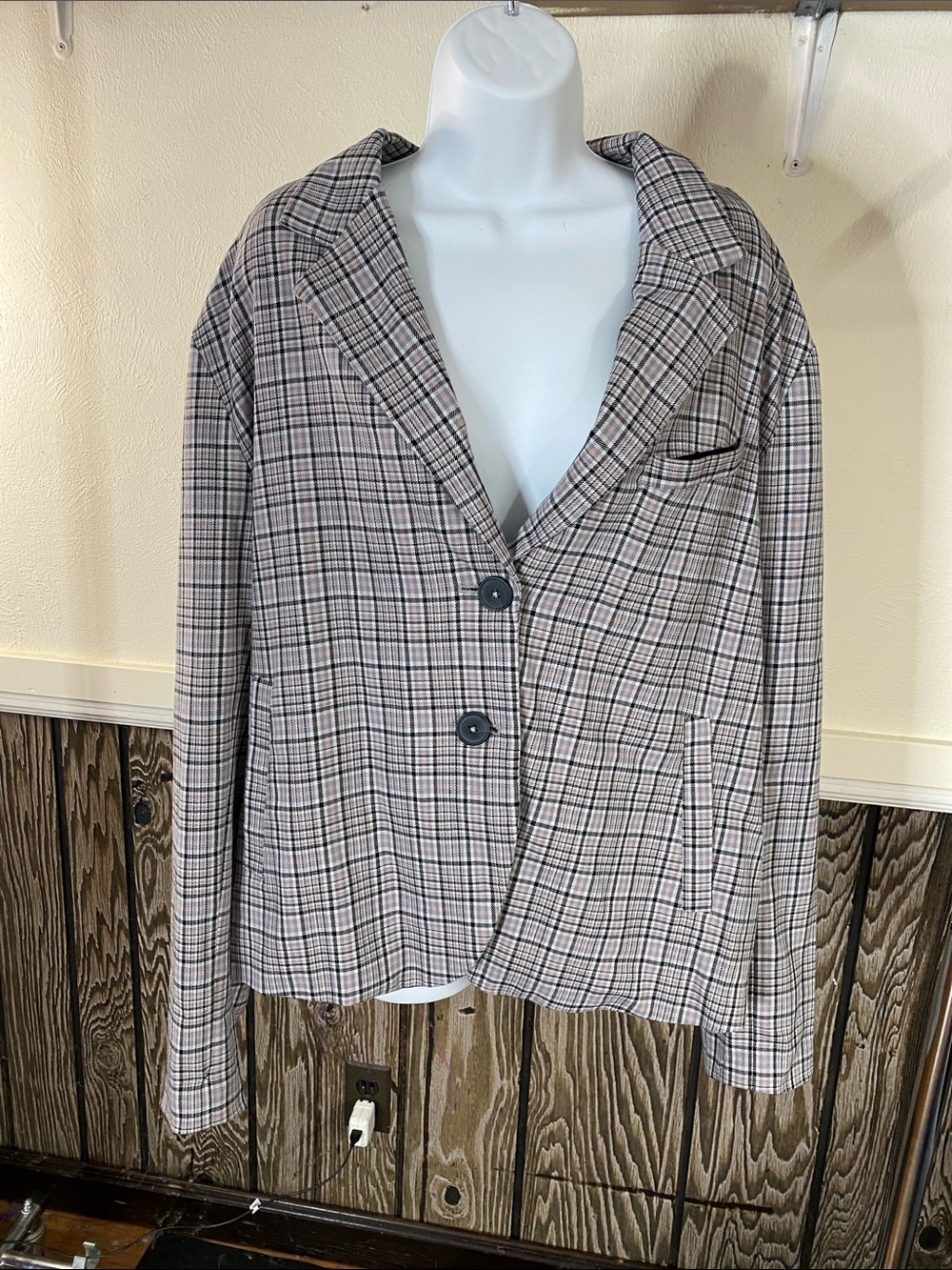 We The Free Plaid Blazer in Beige, Black and Gray
